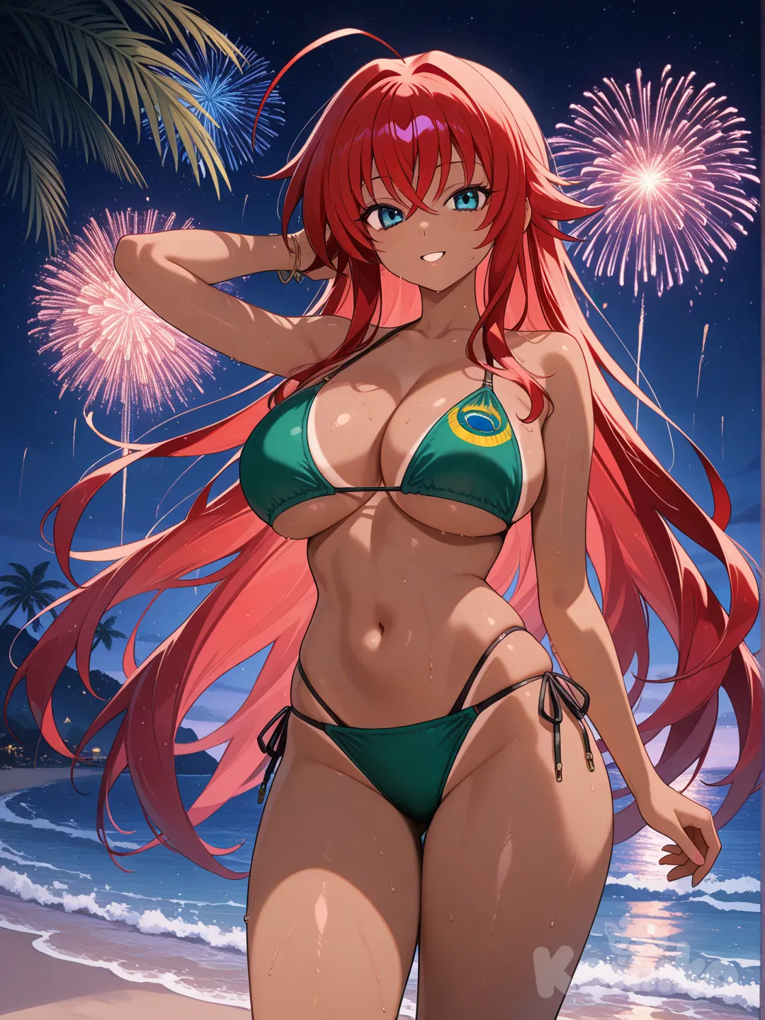 rias gremory, Brazilian bikini, exotic, beach, night sky, fireworks, tanned