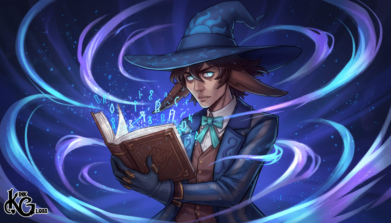 create a cool, half-body piece of this character, casting magic from his spell book, anime style