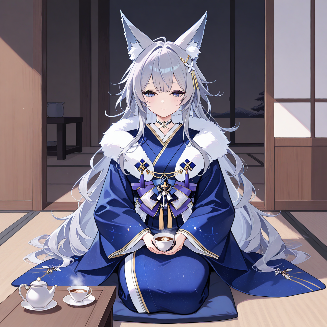 Azur lane shinano wearing blue winter kimono siting at a small table with a cup of hot tea