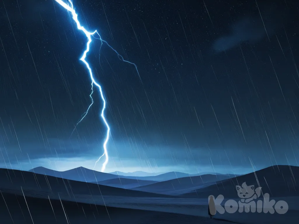 Un monolito en el centro de una tormenta nortucta, [manga-style], blanco y negro, paisaje desértico nocturno con lluvia