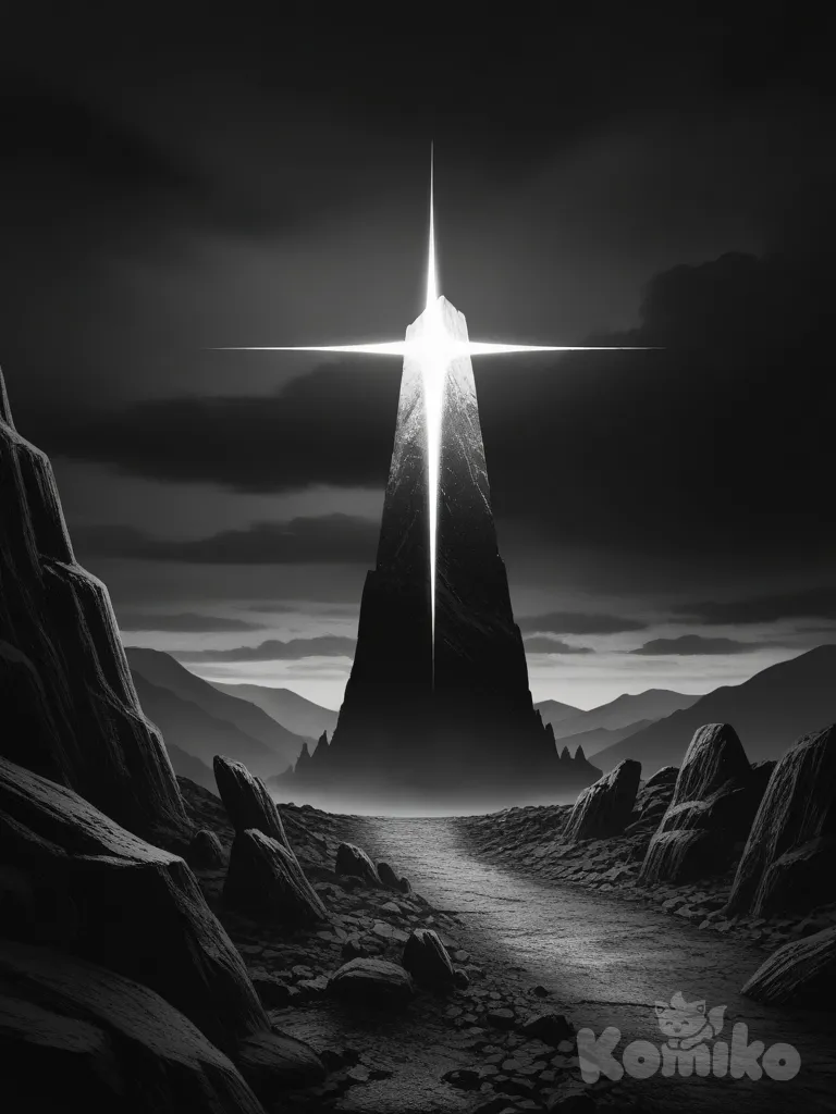 Un monolito de culto, en medio de un paisaje desolado, cielo negro, [grayscale-manga-style]