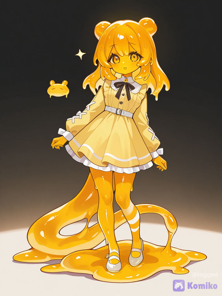 A girl with bright orange hair wearing a long yellow dress with white stripes and a very large slime tail
