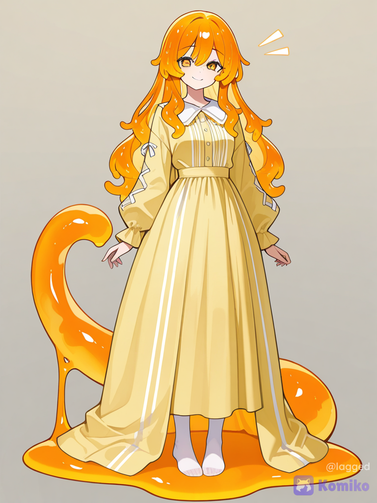 A girl with bright orange hair wearing a long yellow dress with white stripes and a very large slime tail