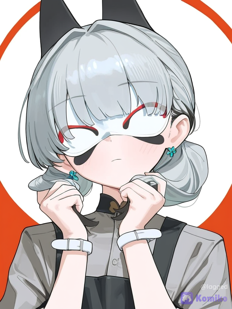 [vibrant-anime-style], 1girl, holding hair, head tilt, tuxedo, apron, arm bands, animal ears, earrings, straight bangs, updo, portrait, A girl in a medium-length dress with light colors, wearing a mask that partially covers her face, the rest of her face being expressionless and slightly blushing.