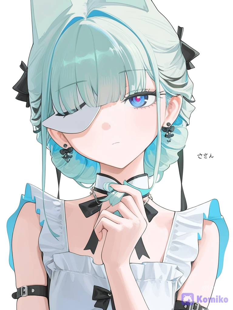 [vibrant-anime-style], 1girl, holding hair, head tilt, tuxedo, apron, arm bands, animal ears, earrings, straight bangs, updo, portrait, A girl in a medium-length dress with light colors, wearing a mask that partially covers her face, the rest of her face being expressionless and slightly flushed.