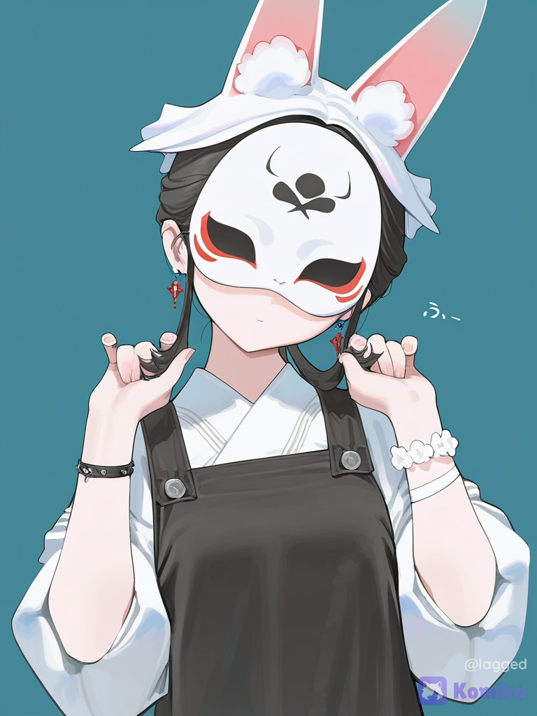 [vibrant-anime-style], 1girl, holding hair, head tilt, tuxedo, apron, arm bands, animal ears, earrings, straight bangs, updo, portrait, A girl in a medium-length dress with light colors, wearing a mask that partially covers her face, the rest of her face being expressionless and slightly flushed.