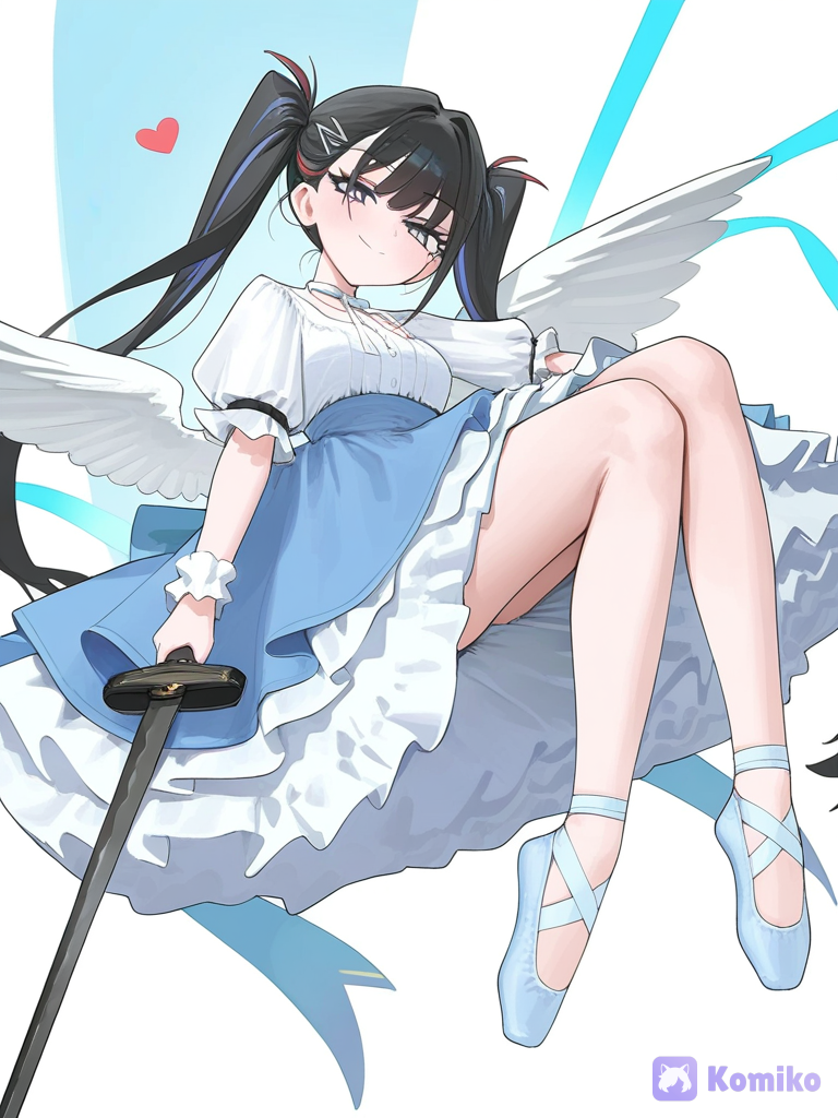 [vibrant-anime-style], 1girl, floating, holding sword, blush, smile, victorian blouse, layer skirt, tuxedo, apron, ruffles, arm bands, wings, angle wings, hair clip, bob cut, twin tails, ballet slippers, portrait, looking at viewer