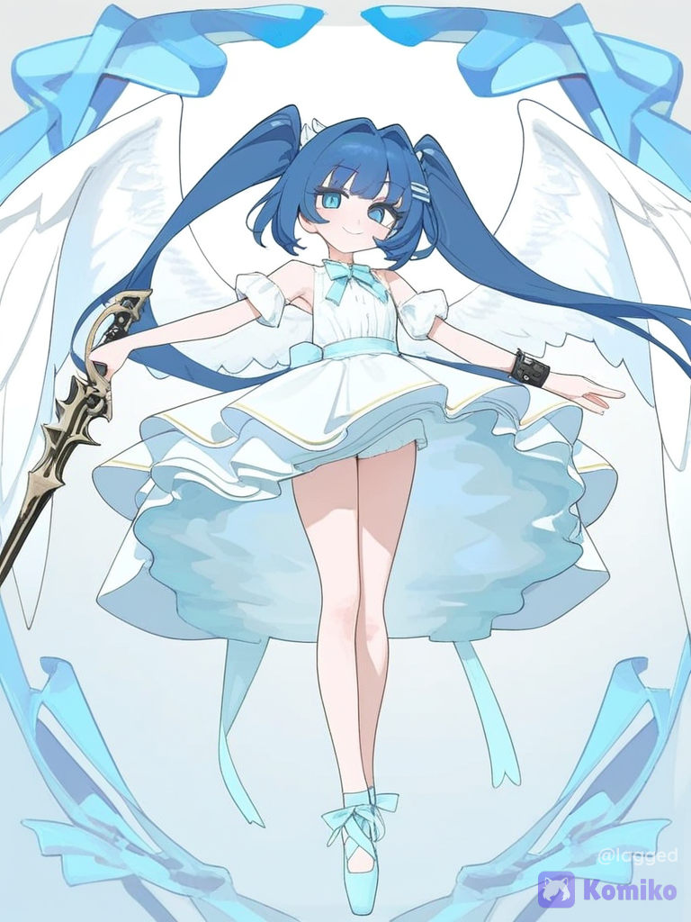 [vibrant-anime-style], 1girl, floating, holding sword, blush, smile, victorian blouse, layer skirt, tuxedo, apron, ruffles, arm bands, wings, angle wings, hair clip, bob cut, twin tails, ballet slippers, portrait, looking at viewer