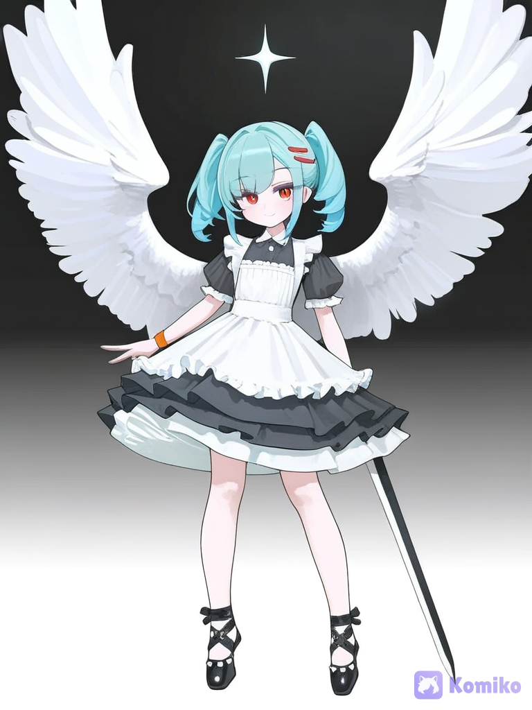 [vibrant-anime-style], 1girl, floating, holding sword, blush, smile, victorian blouse, layer skirt, tuxedo, apron, ruffles, arm bands, wings, angle wings, hair clip, bob cut, twin tails, ballet slippers, portrait, looking at viewer