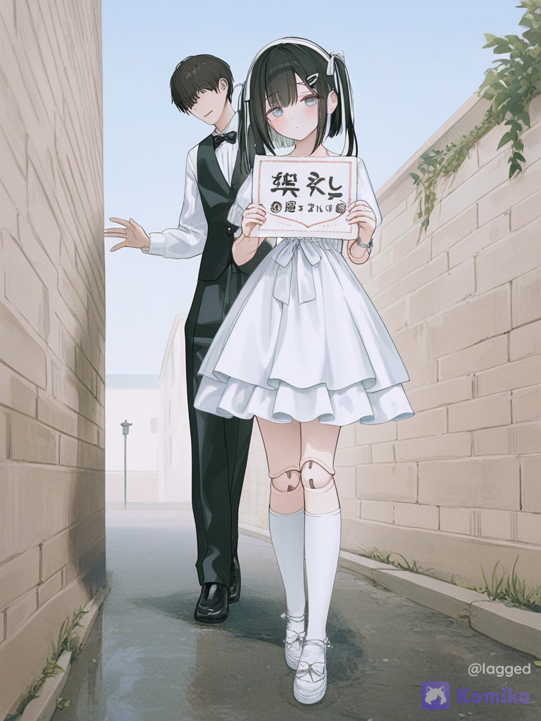 [soft-pastel-style], (1 doll girl), doll joints, 1girl, selfie, holding sign, blush, expressionless, victorian blouse, school vest, polo shirt, high-waist skirt, layer skirt, wide-leg pants, summer dress, tuxedo, ruffles, studs, arm bands, bracelet, hair clip, hair ribbon, hairband, bob cut, twin tails, mary jane shoes, knee-high socks, headshot, ethereal lighting, day
