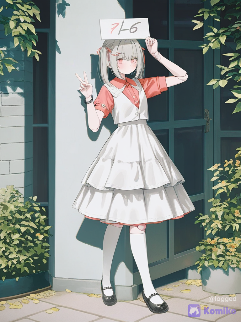 [soft-pastel-style], (1 doll girl), doll joints, 1girl, selfie, holding sign, blush, expressionless, victorian blouse, school vest, polo shirt, high-waist skirt, layer skirt, wide-leg pants, summer dress, tuxedo, ruffles, studs, arm bands, bracelet, hair clip, hair ribbon, hairband, bob cut, twin tails, mary jane shoes, knee-high socks, headshot, ethereal lighting, day