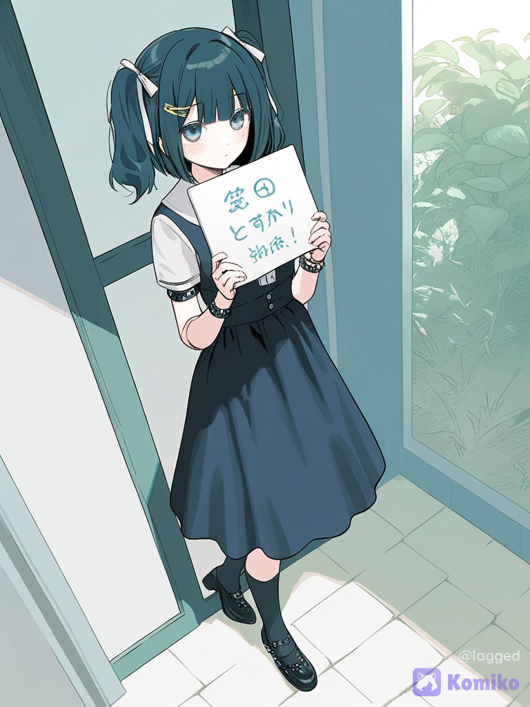 [soft-pastel-style], (1 doll girl), doll joints, 1girl, selfie, holding sign, blush, expressionless, victorian blouse, school vest, polo shirt, high-waist skirt, layer skirt, wide-leg pants, summer dress, tuxedo, ruffles, studs, arm bands, bracelet, hair clip, hair ribbon, hairband, bob cut, twin tails, mary jane shoes, knee-high socks, headshot, ethereal lighting, day