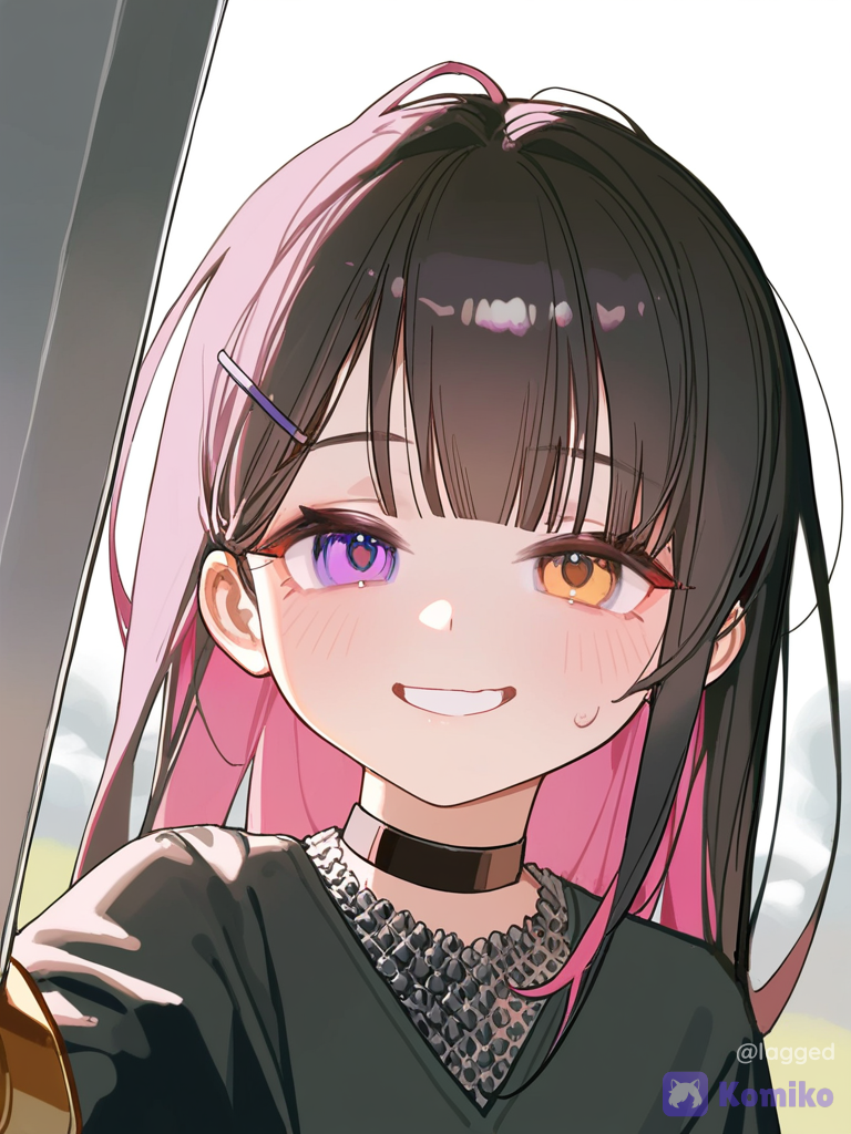[lacquered-illustration-style], @klia-AIg2, holding sword, selfie, evil smile, blush, chainmail, hair clip, sword, hairpin, eye patch, portrait, headshot, day, flickering light