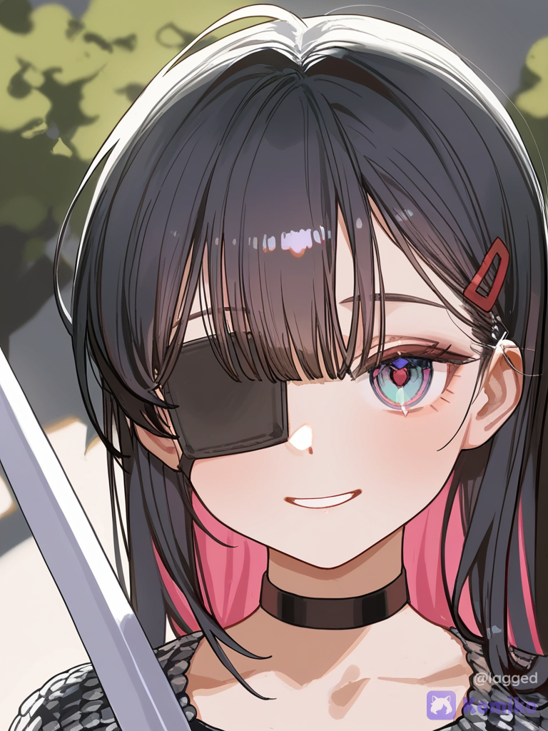 [lacquered-illustration-style], @klia-AIg2, holding sword, selfie, evil smile, blush, chainmail, hair clip, sword, hairpin, eye patch, portrait, headshot, day, flickering light