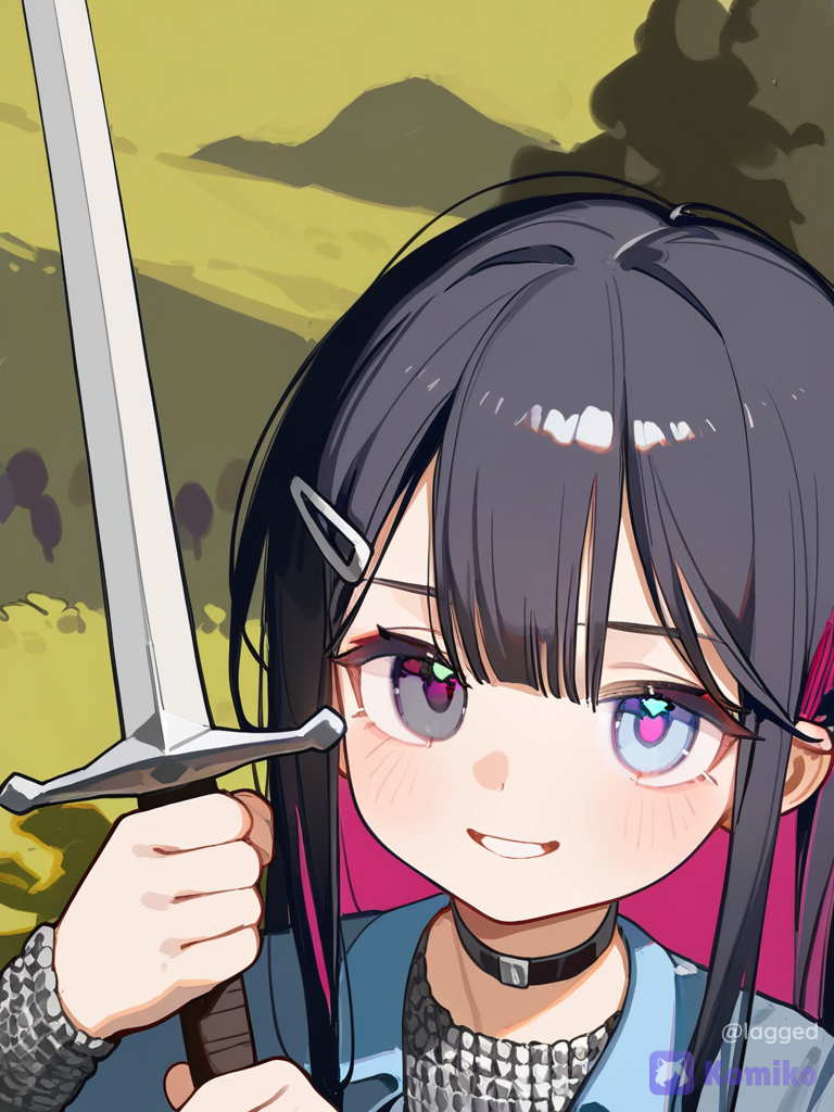 [lacquered-illustration-style], @klia-AIg2, holding sword, selfie, evil smile, blush, chainmail, hair clip, sword, hairpin, eye patch, portrait, headshot, day, flickering light