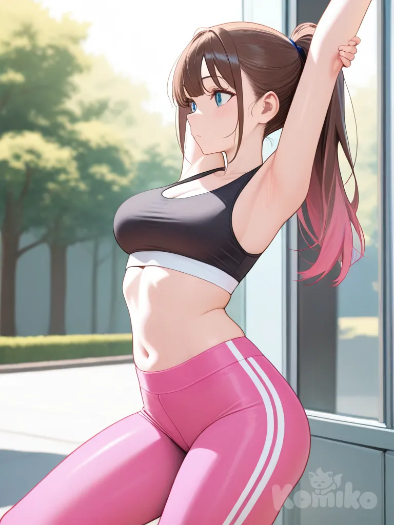 A athletic girl in a black sports bra, tight neon pink spandex, stretching, ponytail, sporty, brown hair