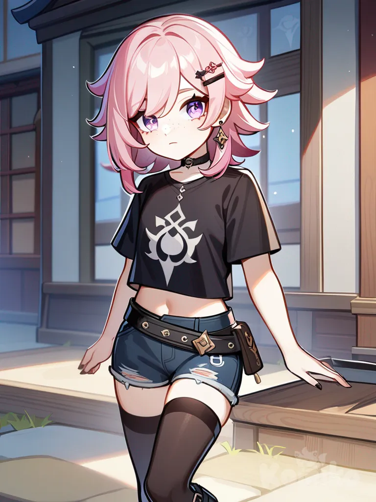 1girl, Genshin Impact style, emo, medium length hair, banged hair, pink hair, tattered black crop top, band tee, unbuttoned jean shorts, knee high combat boots, black choker, hair clip, slim, petite, purple eyes, freckles, fair skin, earrings, original character in the world of Genshin Impact, single character, full body, looking at viewer, anime style, simple background, white background