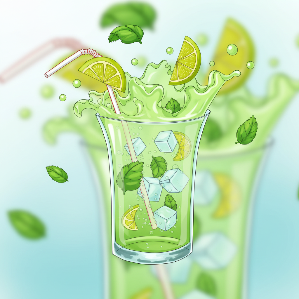Мохито, сочные краски, брызги капель, реалистично