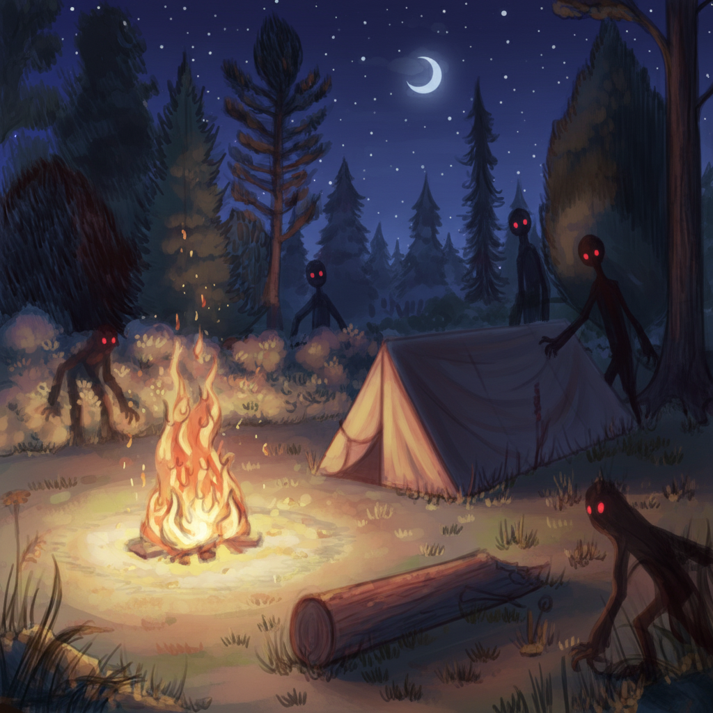 Ночь, свет от костра, тени странных существ в темноте