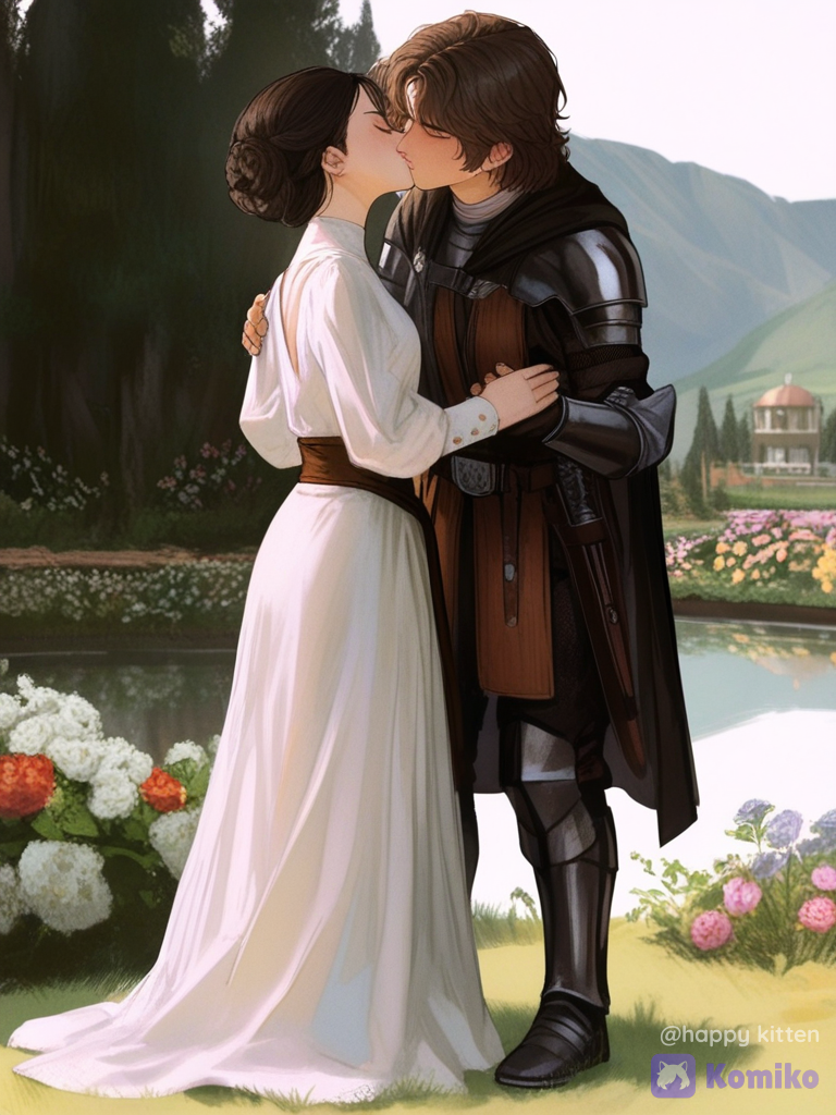 Full Body.
Star Wars.
Old Medieval Fantasy.
Anakin Skywalker as a knight and Padmé Amidala as a Princess.
Kissing by a lake garden., IMG_4688, [semi-realistic-portrait-style], 2people, 1boy, 1girl, 2people
