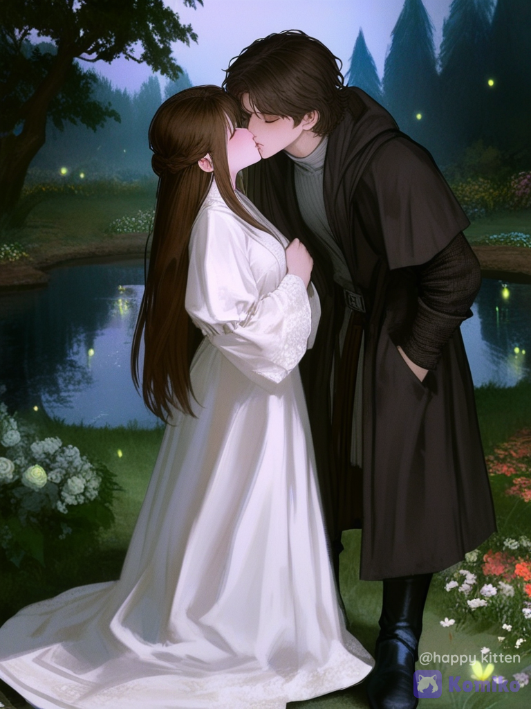 2people, 1boy, 1girl, star wars, old medieval fantasy, anachronistic, knight, princess, anakin skywalker, padmé amidala, kissing, couple, holding each other, closed eyes, lake, garden, flowers, reflection on water, soft lighting, semi-realistic, manhwa style, soft glossy, medium long shot, full body[semi-realistic-portrait-style], hands in pockets