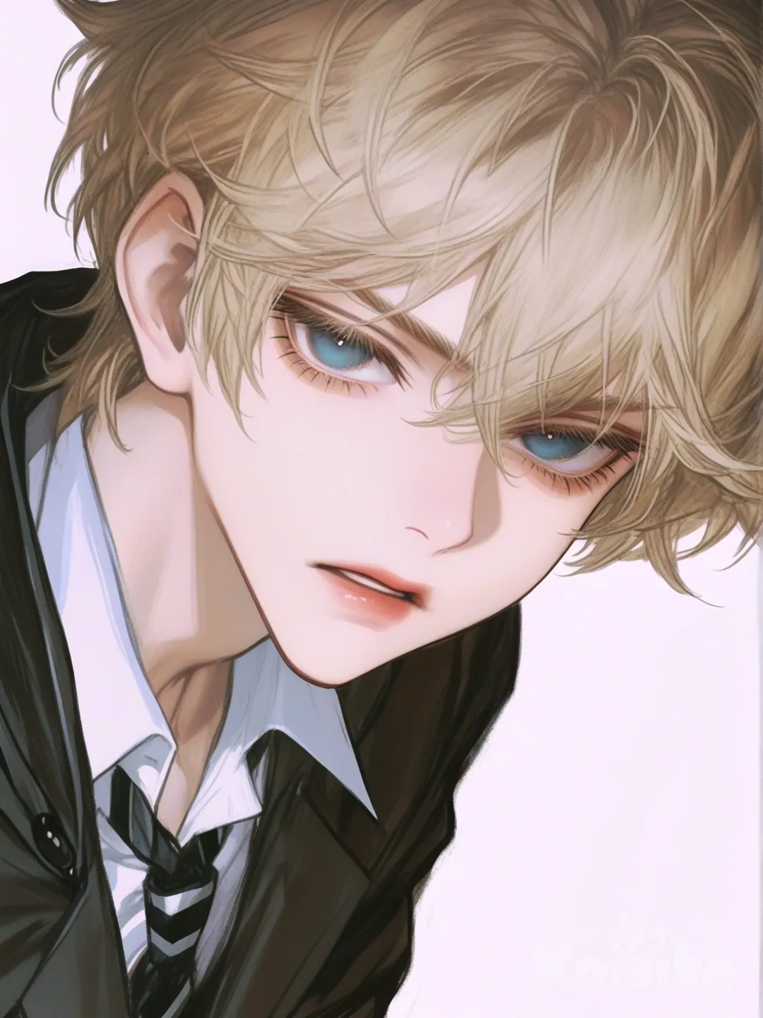 [semi-realistic-portrait-style] 1boy, blonde_hair, blue_eyes, serious, detective_uniform, solo, full_body, looking_at_viewer, simple_background, white_background, jelly_art_style