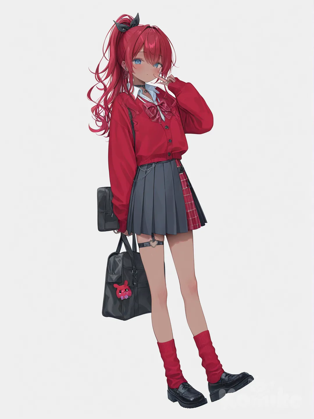 [soft-pastel-style] 1girl, gyaru, brown skin, blue eyes, black and red hair, red and white clothing, single character, full body, looking at viewer, anime style, simple background, white background