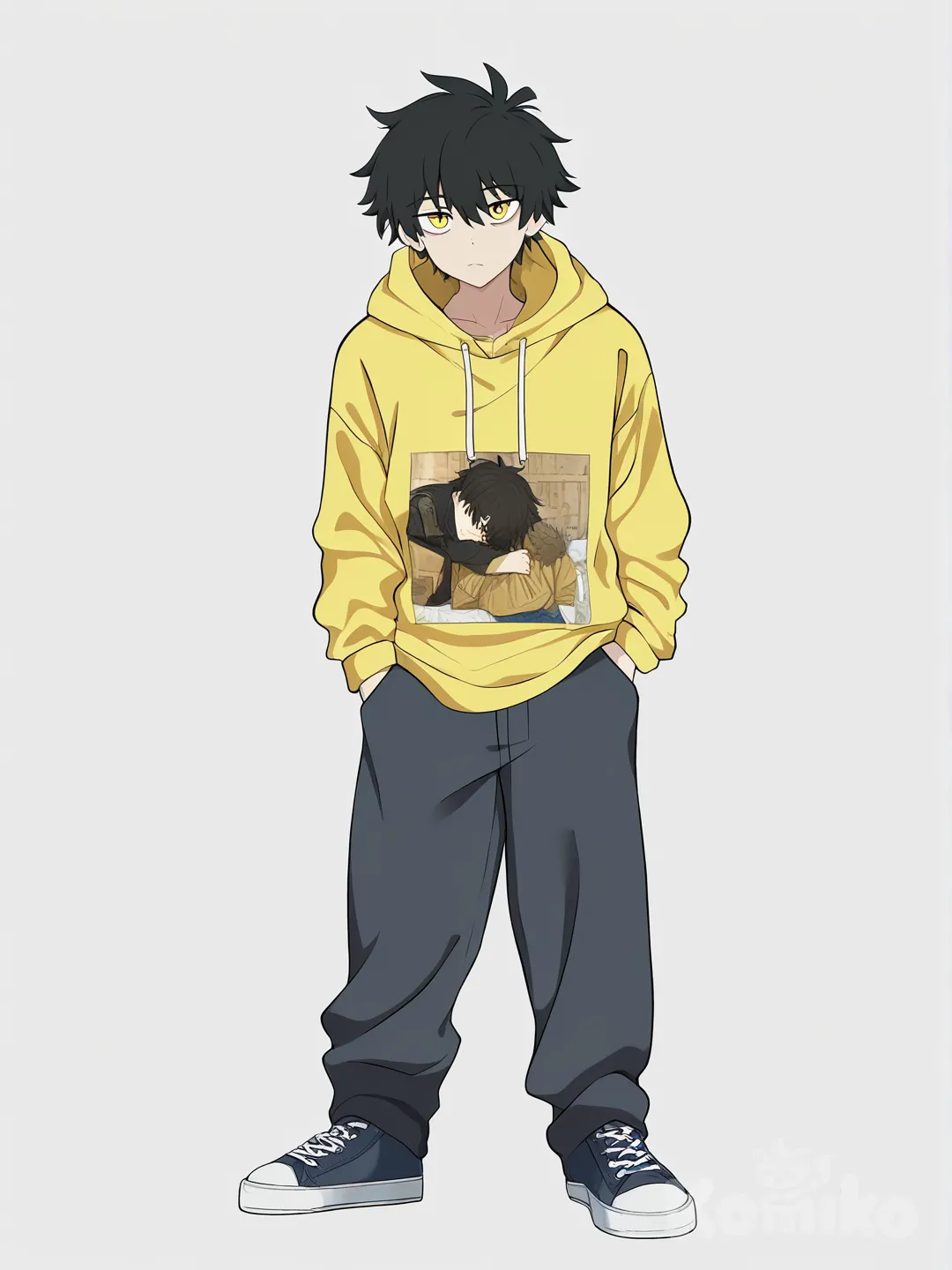 [bright-anime-style] 1boy, teenager, jelly art style, depressed, black hair, yellow eyes, casual clothes, single character, full body, looking at viewer, simple background, white background