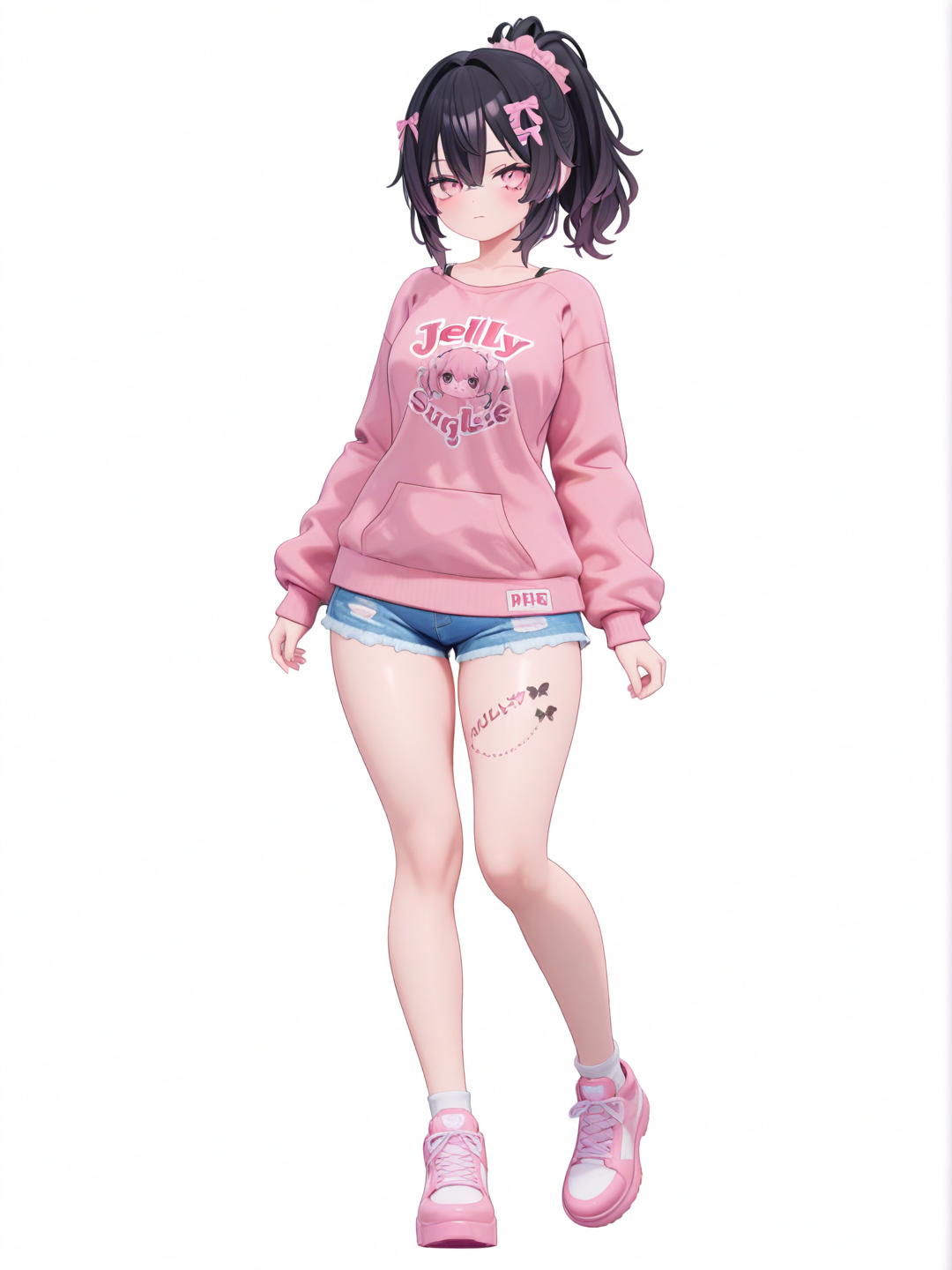[3d-anime-style] 1girl, jelly art style, teenager, curvy, ponytail, black hair, pink eyes, tattoo, pink floral clothes, single character, full body, looking at viewer, simple background, white background