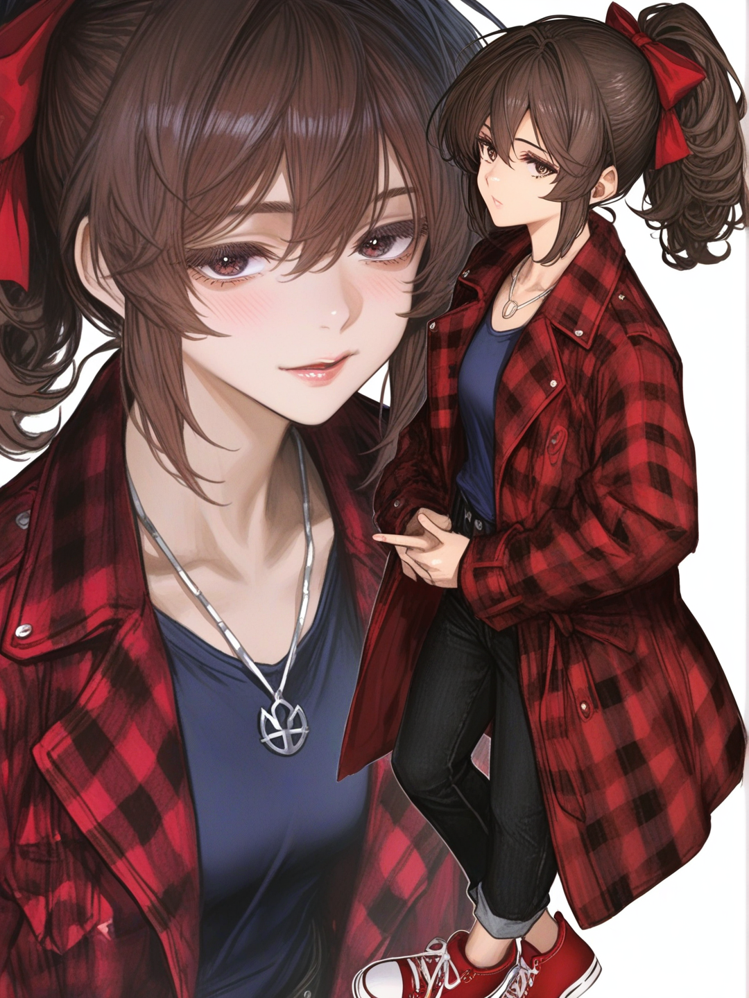 [semi-realistic-portrait-style] 1girl, semi-realistic, teenager, dark_brown_eyes, light_brown_skin, dark_curly_brown_hair, high_ponytail, red_bow, animal_stripe_coat, blue_necklace, peace_sign, red_shoes, black_pants, dark_blue_shirt, single_character, full_body, looking_at_viewer, simple_background, white_background