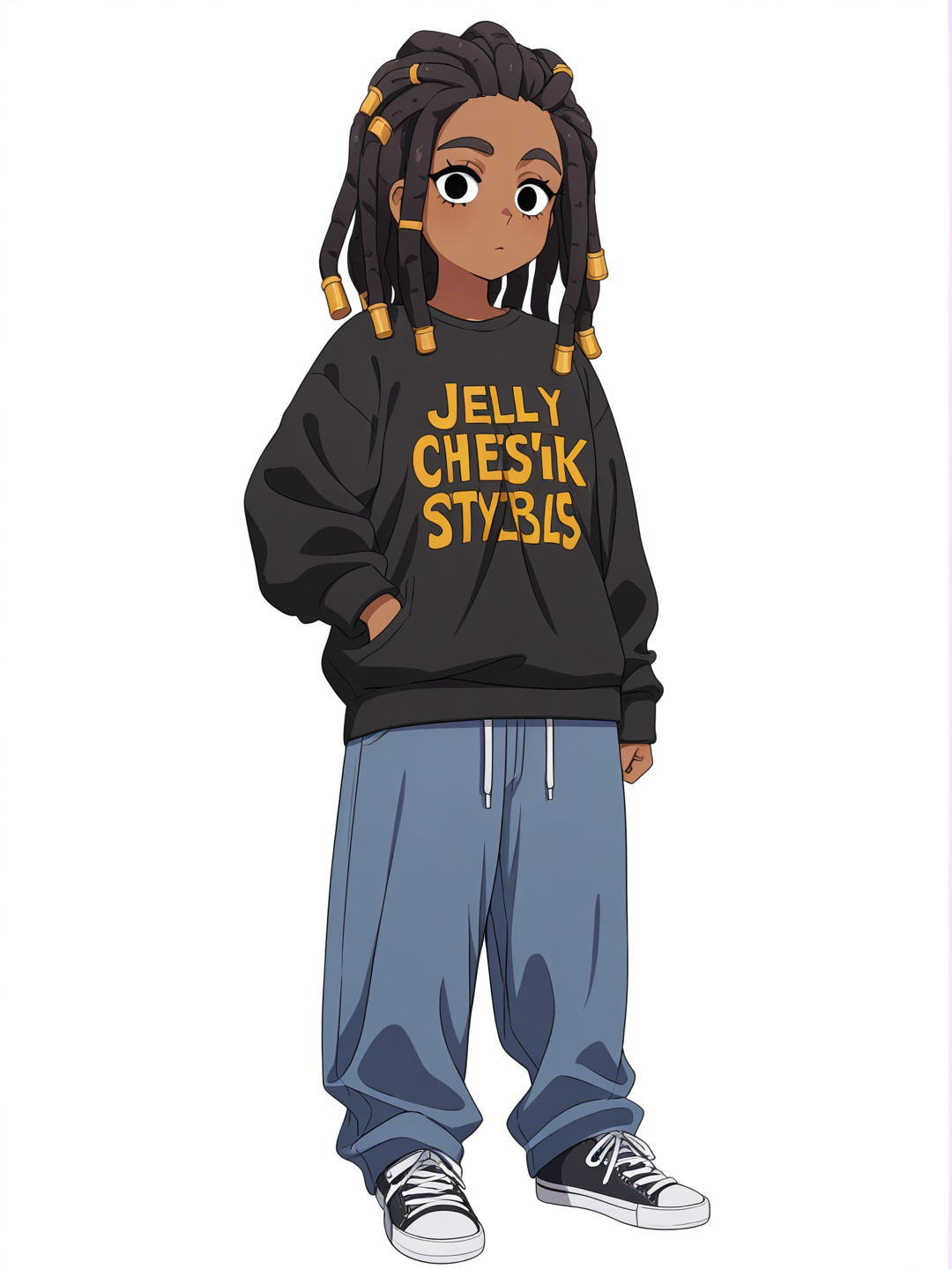 [pop-anime-style] 1girl, brown_skin, black_eyes, long_hair, braided_dreadlocks, gold_tips, stylish_clothes, ghetto_girl_style, jelly_art_style, single character, full body, looking at viewer, simple background, white background