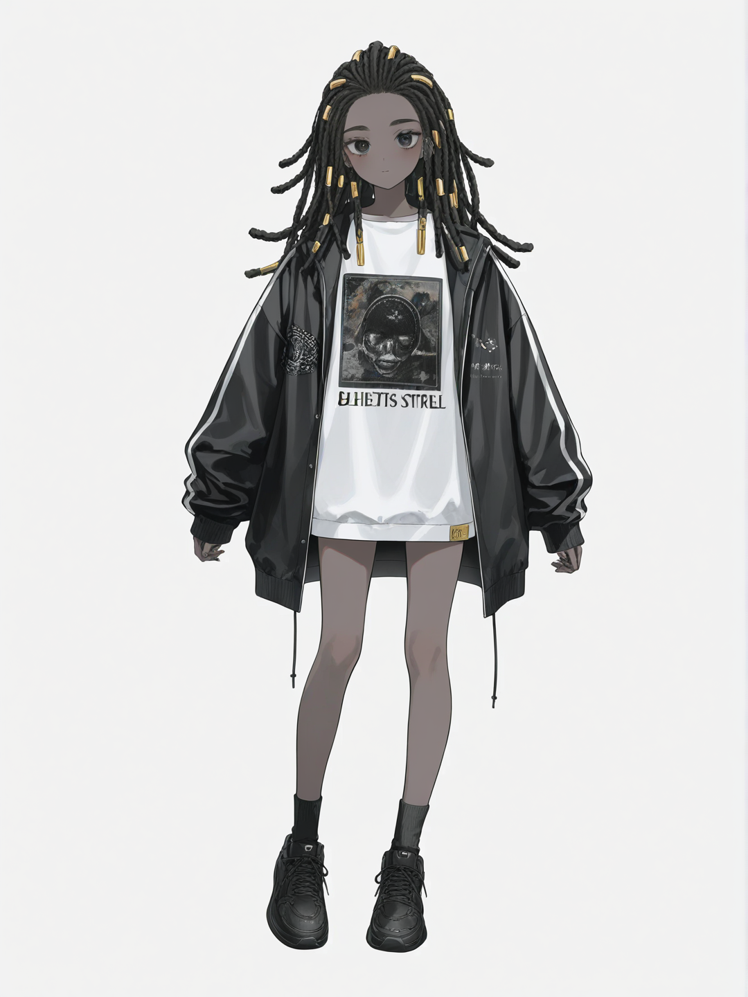 [soft-pastel-style] 1girl, brown_skin, black_eyes, long_hair, braided_dreadlocks, gold_tips, stylish_clothes, ghetto_girl_style, jelly_art_style, single character, full body, looking at viewer, simple background, white background