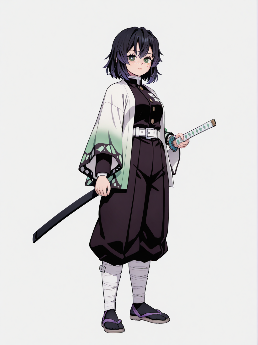 [sketchy-painterly-style] 1girl, tan skin, green eyes, black hair, freckles, demon slayer uniform, sword, jelly art style, single character, full body, looking at viewer, simple background, white background
