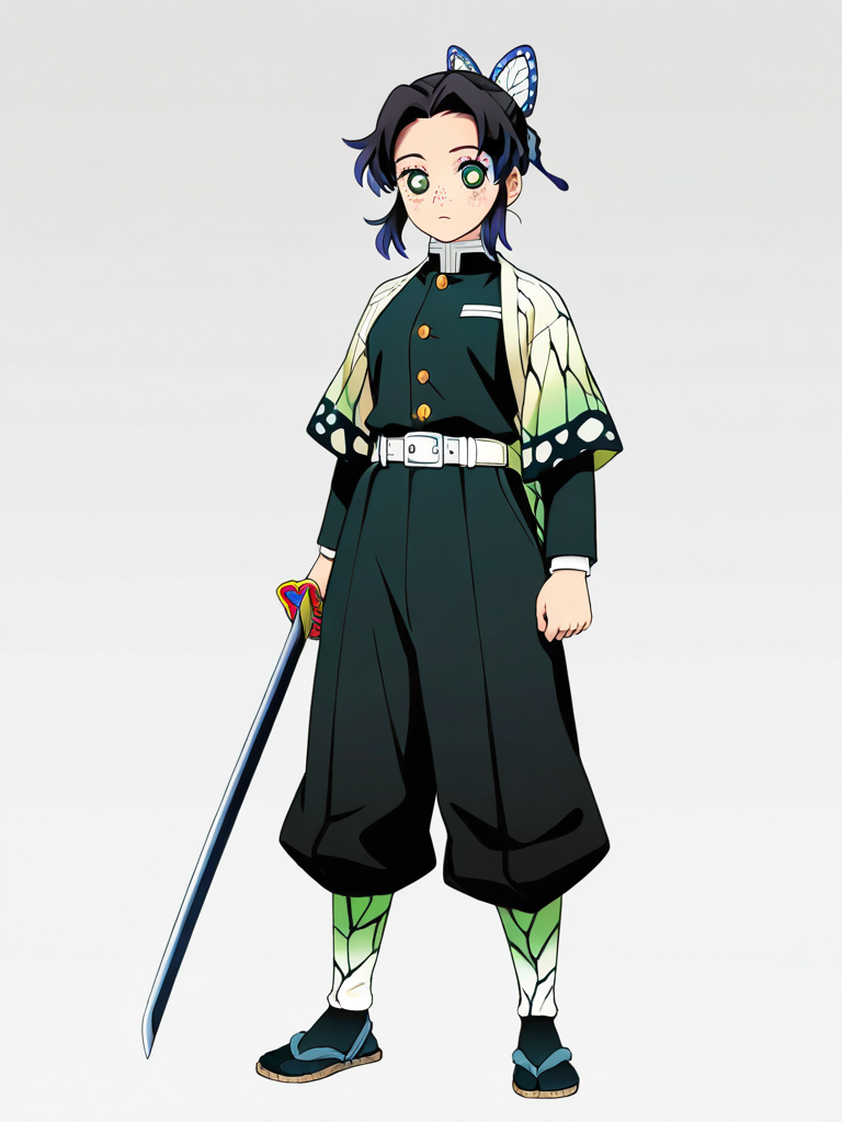 1girl, tan skin, green eyes, black hair, freckles, demon slayer uniform, sword, jelly art style, single character, full body, looking at viewer, simple background, white background