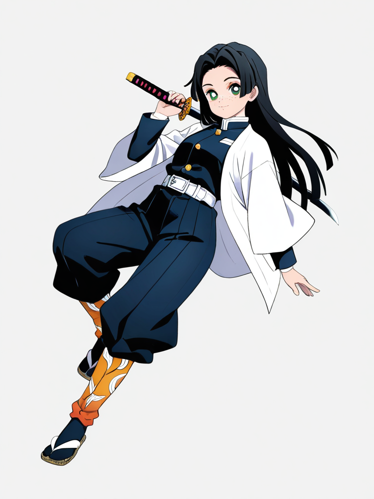 1girl, tan, green eyes, long hair, black hair, freckles, demon slayer uniform, sword, single character, full body, looking at viewer, anime style, simple background, white background