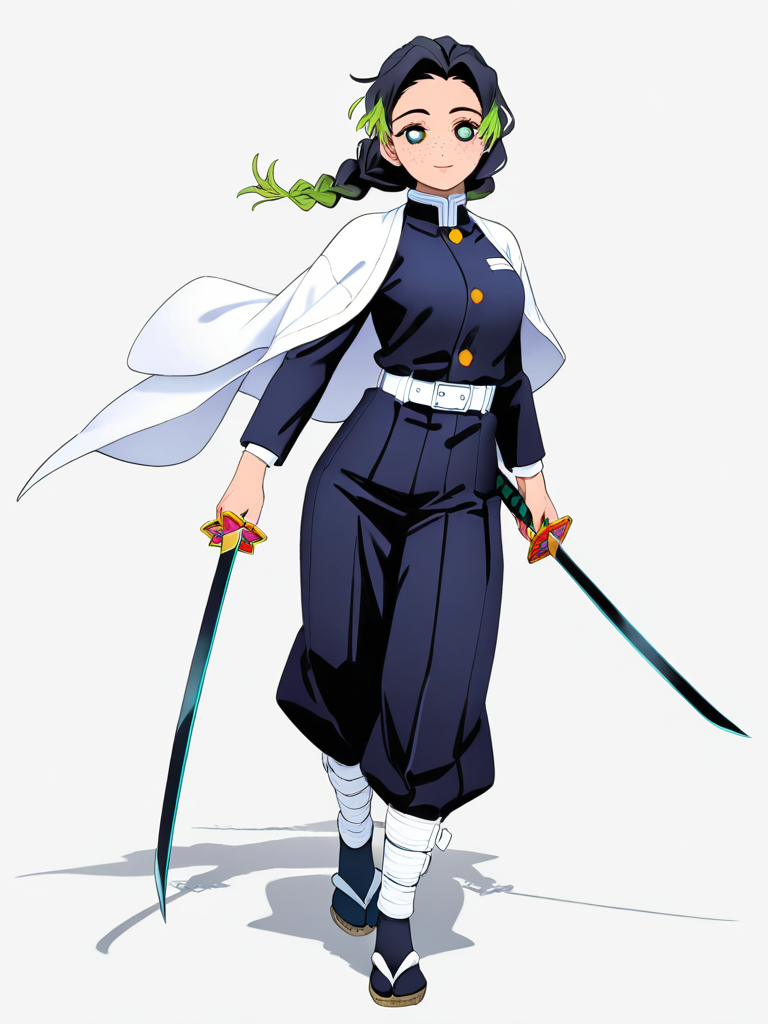 1girl, solo, tan, green_eyes, long_hair, black_hair, freckles, demon_slayer_uniform, sword, jelly_art_style, single character, full body, looking at viewer, simple background, white background