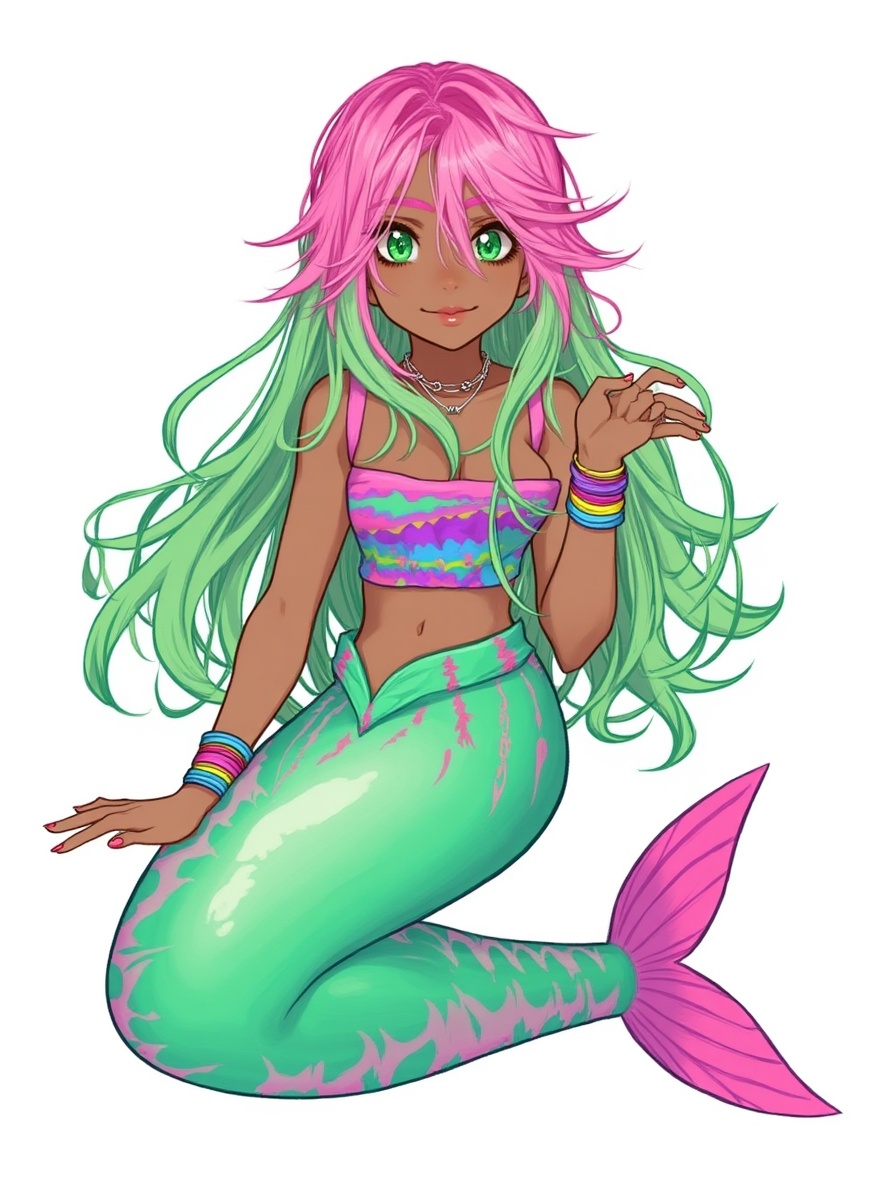 1girl, mermaid, teenager, neon pink and green hair, black sclera, green eyes, brown skin, colorful shirt, colorful accessories, green and pink tail, single character, full body, looking at viewer, anime style, simple background, white background