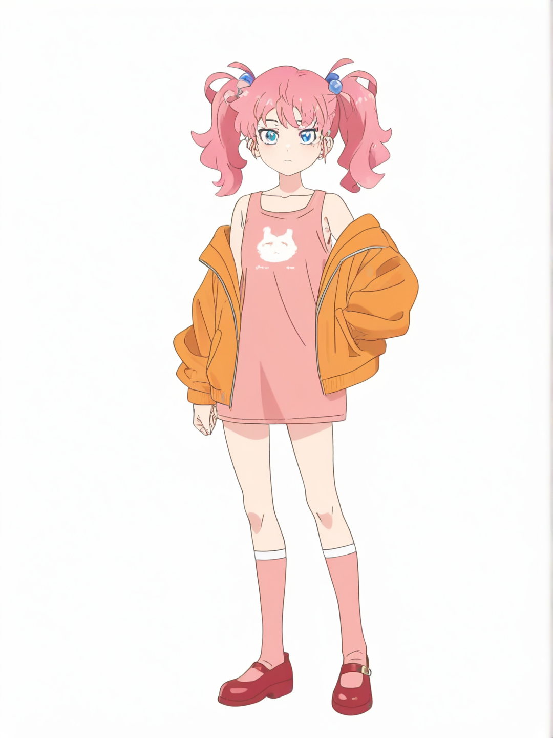 [bright-anime-style] 1girl, pink hair, twintails, blue eyes, pink tank top, orange jacket, pink and orange shirt, pink knee socks, red mary janes, single character, full body, looking at viewer, anime style, simple background, white background