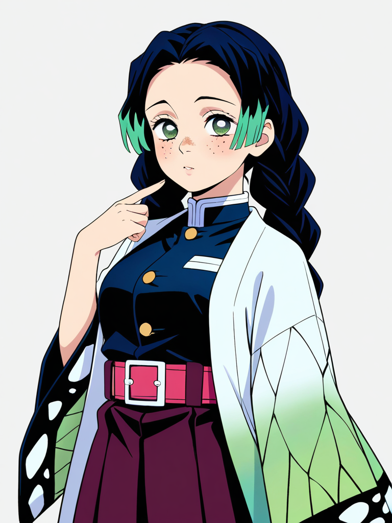 1girl, long_hair, black_hair, green_eyes, freckles, tan_skin, demon_slayer_uniform, haori, strawberry_print, jelly_art_style, single_character, full_body, looking_at_viewer, simple_background, white_background