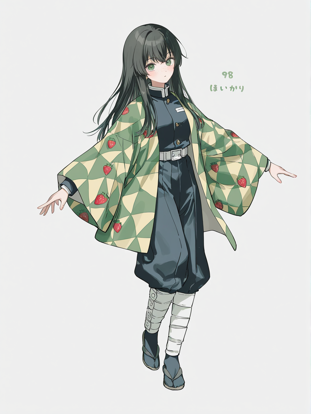 [soft-pastel-style] 1girl, long_hair, black_hair, green_eyes, freckles, tan_skin, demon_slayer_uniform, haori, strawberry_print, jelly_art_style, single character, full body, looking at viewer, simple background, white background