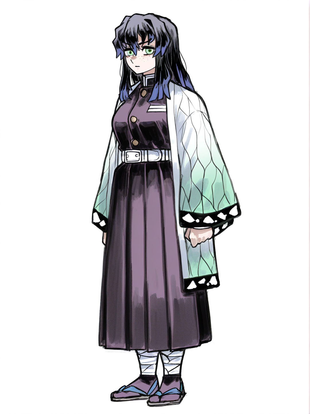 [sketchy-painterly-style] 1girl, long_hair, black_hair, green_eyes, freckles, tan_skin, demon_slayer_uniform, haori, strawberry_print, jelly_art_style, single character, full body, looking at viewer, simple background, white background