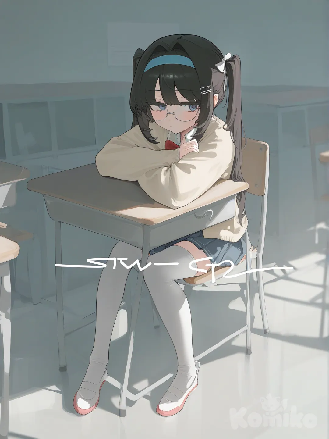 1girl, [vibrant-anime-style] , sitting in a classroom chair, depressed, blush, expressionless, knitted cardigan, pleated skirt, school uniform, glasses, knee-high socks, headband, hairpin, hair accessory, bow, twin tails , ivory white, classroom, looking away , closeup