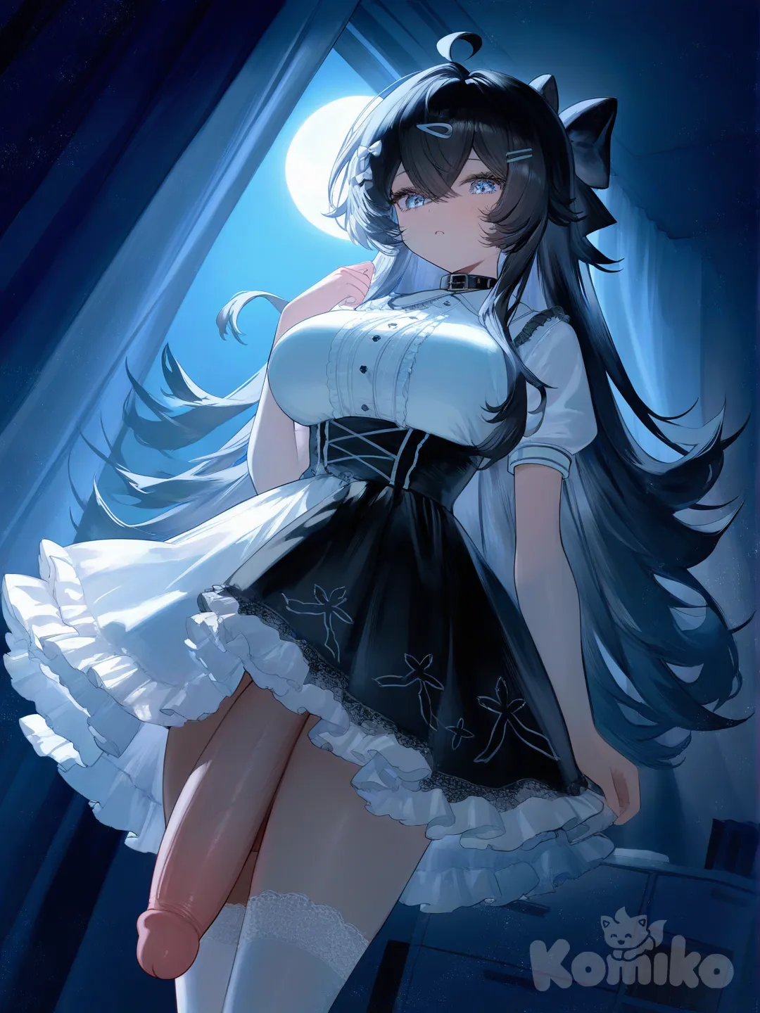 ghost, 1girl, big boobs, big cock, torn clothes, gothic lace nurse Lolita style black and white clothes, hairclip, hair bow, collar, knee-high socks, long charcoal black messy hair, ahoge, from below, moonlight, bedroom, [moody-glow-style]