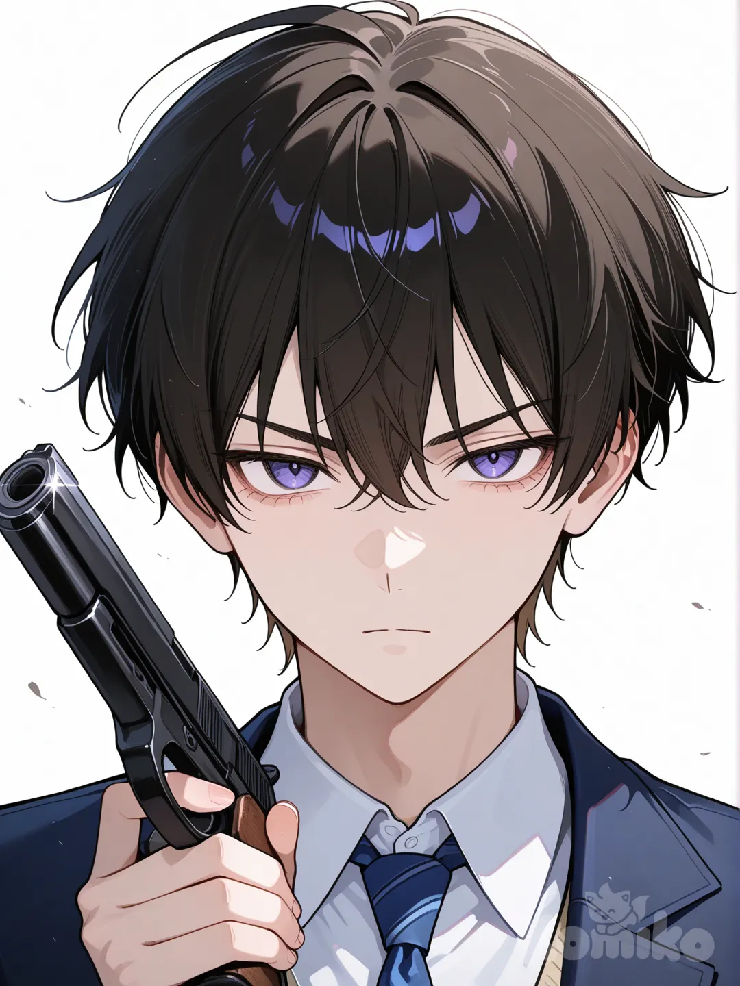 1boy, holding gun, school uniform, portrait