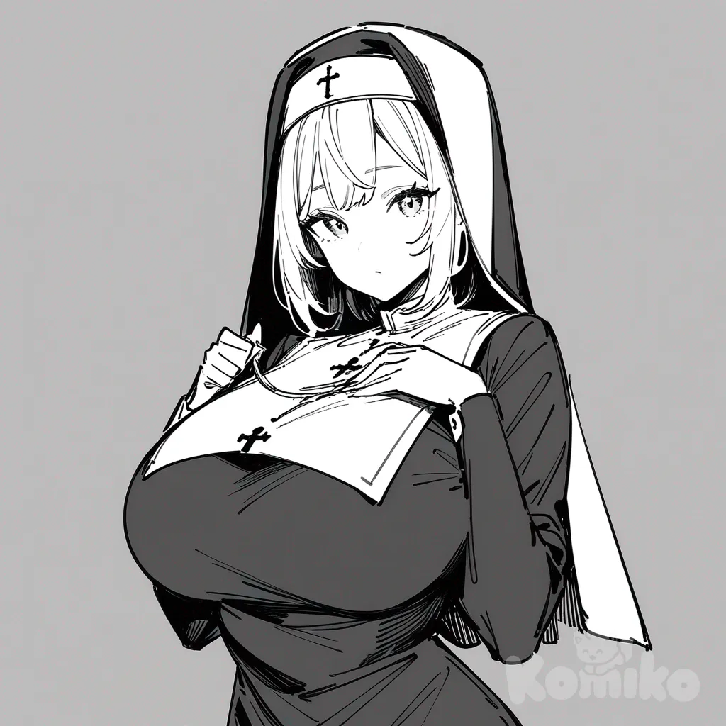 1girl,nun, black and white sketch, pencil drawing style, line art, hatching shading, sketch, minimal background, big breasts