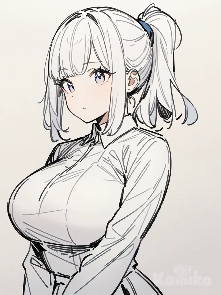 1girl, black and white sketch, pencil drawing style, line art, hatching shading, sketch, minimal background , big breasts,Blue outfit, brown ponytail