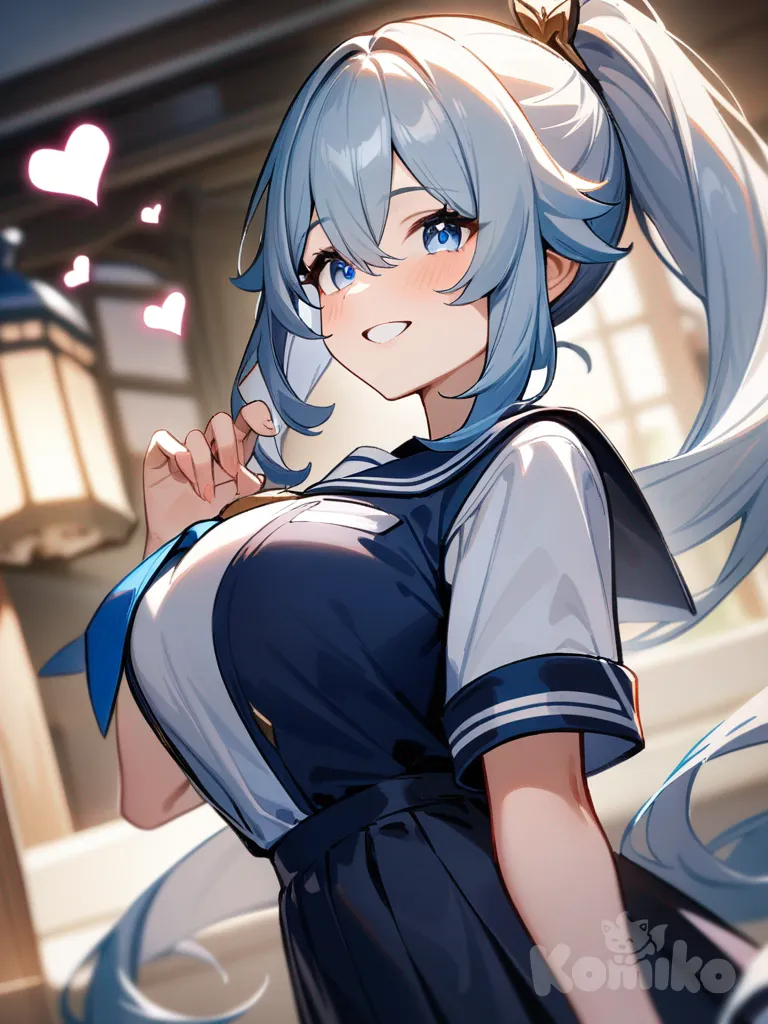 1girl,big breasts, 笑顔、ロングヘア、セーラー服、ハートエフェクト、, Genshin Impact