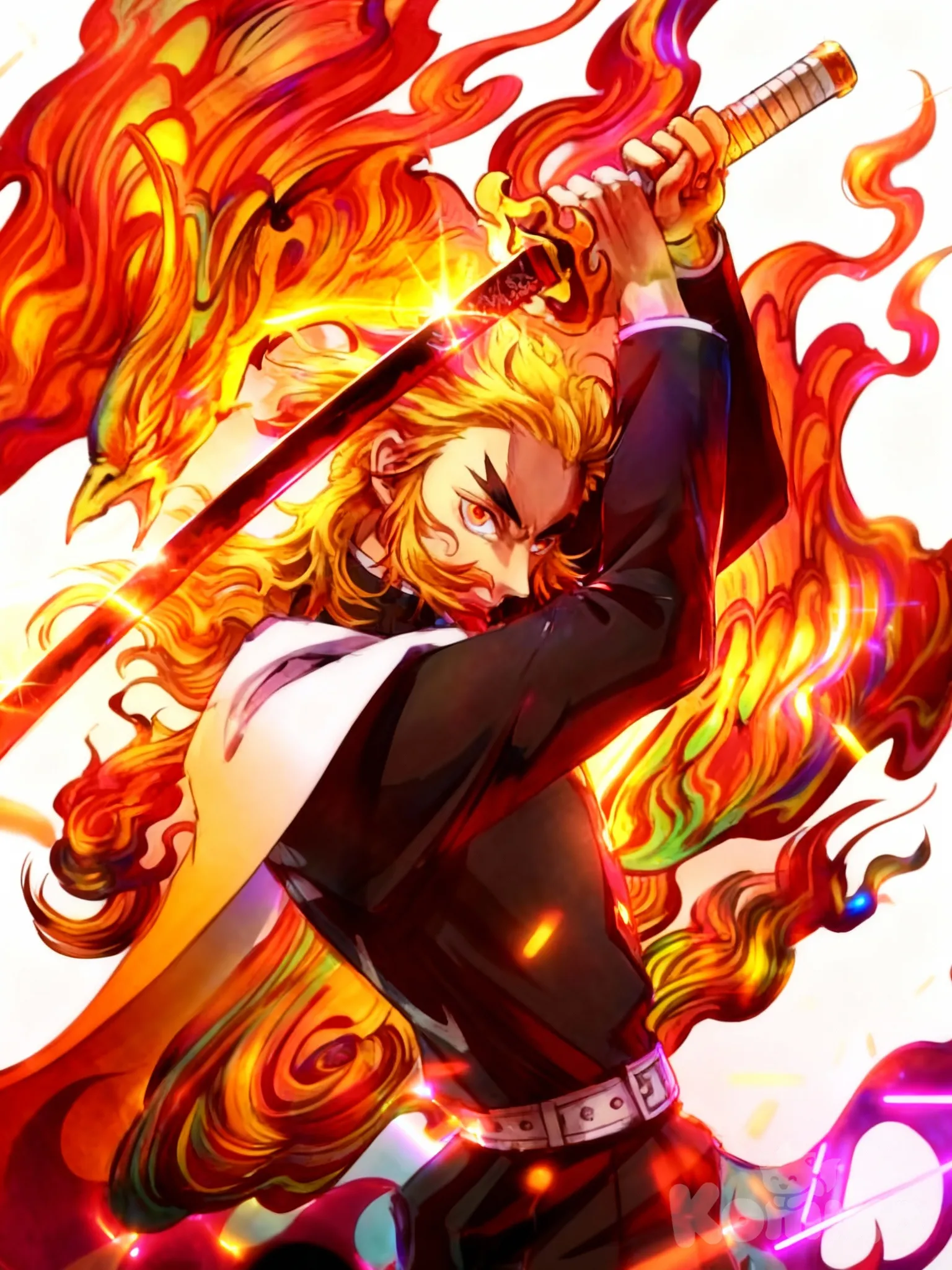 The image shows an anime-style character with bright flame-like hair wielding a katana surrounded by blazing fire effects. The character’s stance is powerful and dramatic, with flames swirling around them in vivid reds, oranges, and yellows. The overall scene is intense and dynamic, giving a strong impression of a fiery battle aura., looking at viewer, ambient light, neon lights, white background, gradient background, closeup