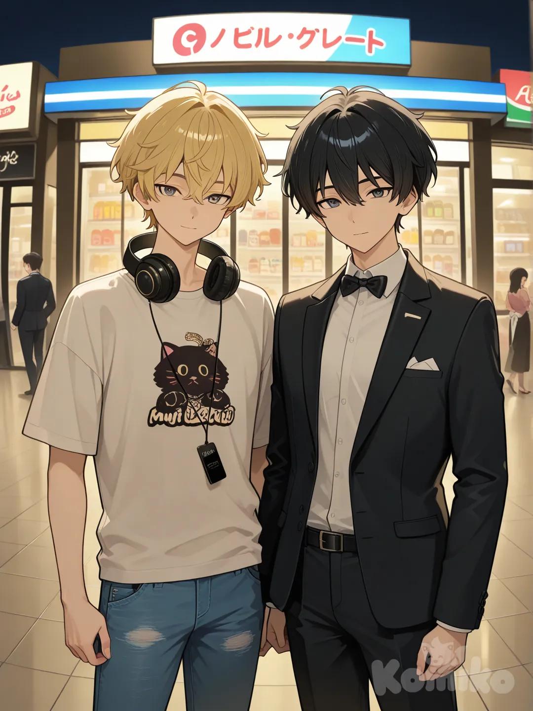 2boys, gathering together, t-shirt, jeans, tuxedo, headphones, blonde hair, charcoal black, blurred background, ambient light, gradient background, convenience store, looking at viewer