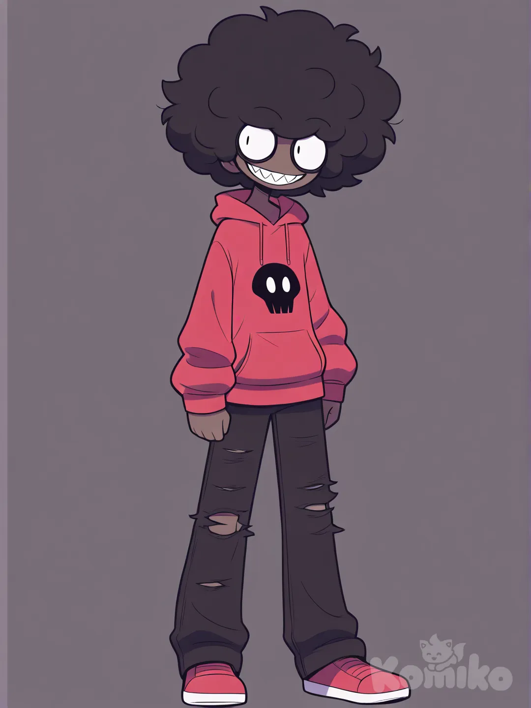 [pop-toon-style] Male black American, big eyes, small round eyebrows, messy afro, sharp teeth, red hoodie, rip black jeans, red shoes, full body